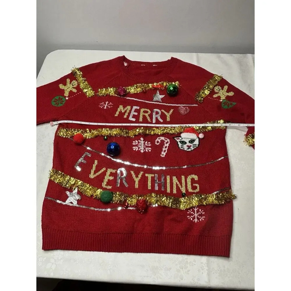 Junior Womens Red Merry Everything Christmas Holiday Sweater Top Shirt See Pics - Picture 4 of 10